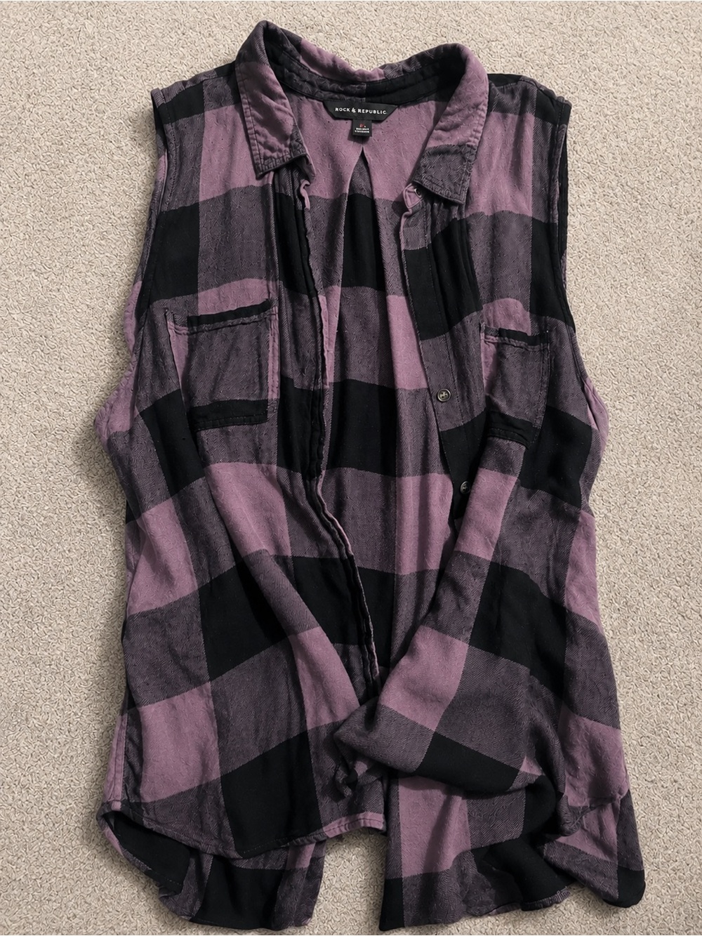 Y2K grunge style - Purple and Black Plaid Sleeveless Button-Down Top